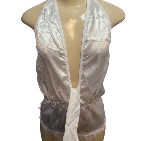 Sexy Teddy, White Satin, DeepV Front, Open Back, Trim Eyelash Lace, Belted. - Picture 3 of 14